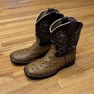 Kids  Brown Western Cowboy Boots - Ostrich-Style Leather Size 3